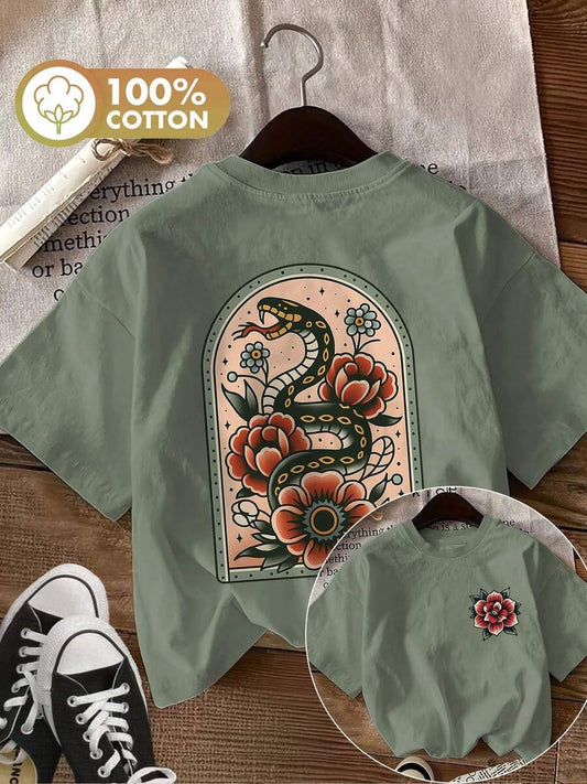 Vintage Snake & Floral Print T-Shirt | Women's 100% Pure Cotton Round Neck Short Sleeve Casual Summer Graphic Outfit Top