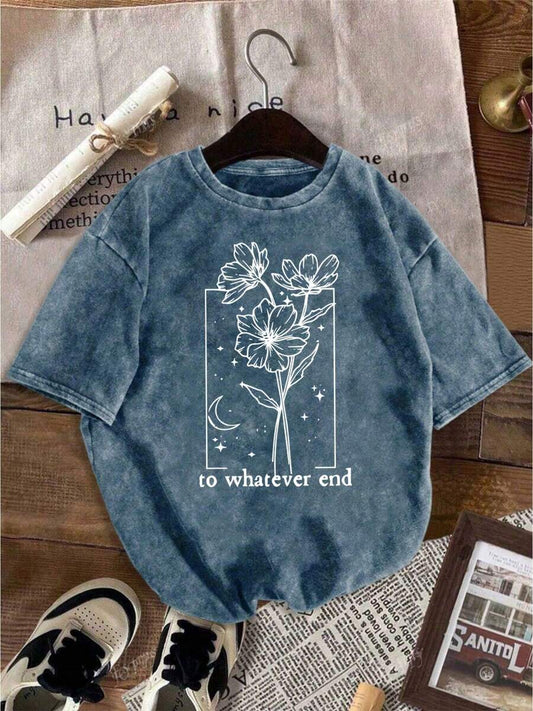 Glass Throne Print Vintage Washed T-Shirt | Women's 100% Cotton Spring Summer Casual Gathering Round Neck Short Sleeve Gift Top