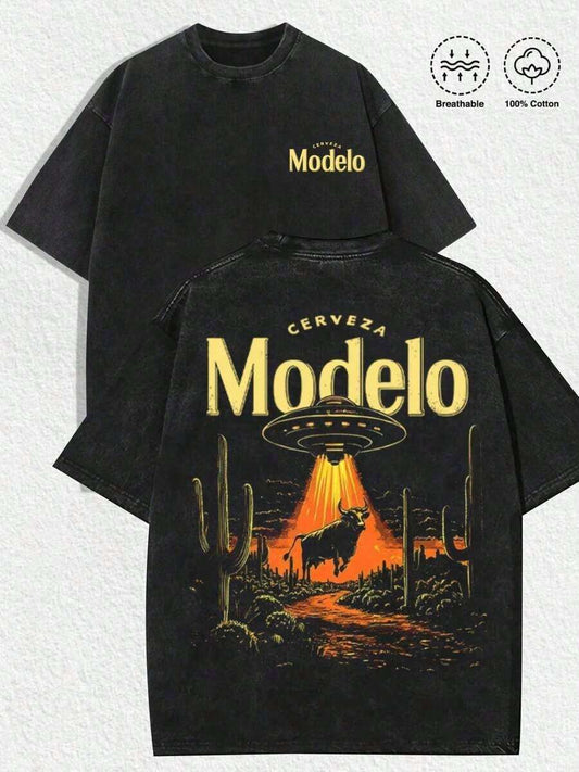 Retro Abducting Bull Desert Cactus Scene T-Shirt | Vintage Distressed  Unisex Regular Fit Short Sleeve Spring Summer Top