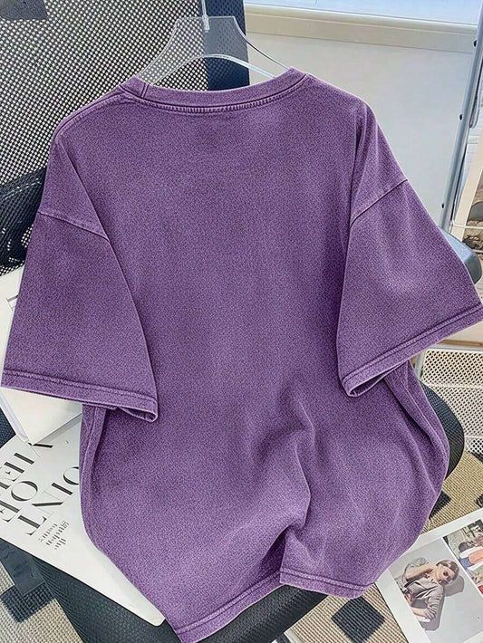 Cute Face & Heart Print Vintage Washed Loose T-Shirt | Women's Casual Street Style Short Sleeve Wrinkle-Resistant Cotton Top