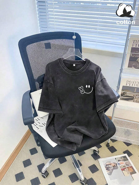 Cute Face & Heart Print Vintage Washed Loose T-Shirt | Women's Casual Street Style Short Sleeve Wrinkle-Resistant Cotton Top
