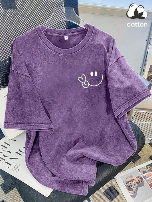 Cute Face & Heart Print Vintage Washed Loose T-Shirt | Women's Casual Street Style Short Sleeve Wrinkle-Resistant Cotton Top