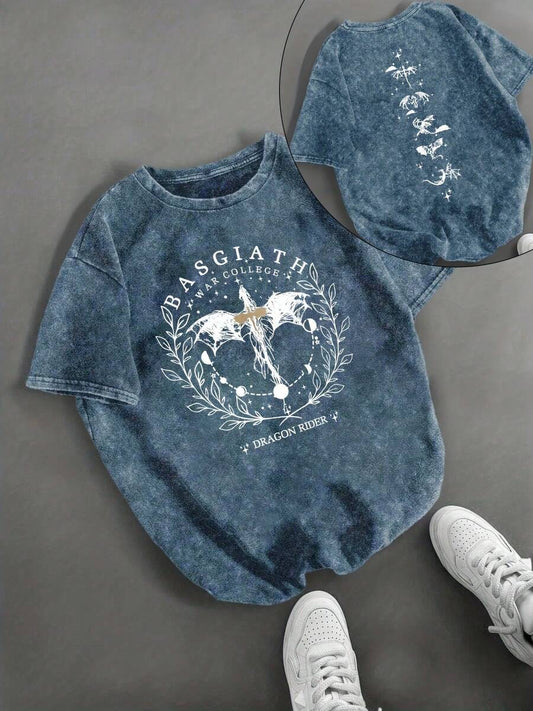 Dragon Knight Combat Academy Reversible Washed T-Shirt | Women's Black White Dragon Wings Snow-Washed Vintage Pattern Casual Round Neck Short Sleeve Top