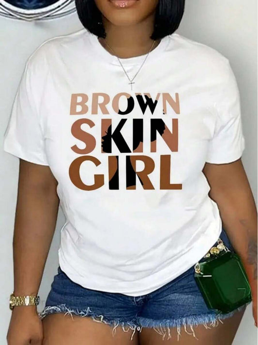 Girl With Brown Skin Print Plus Size Women's T-Shirt | Pure Cotton Breathable Loose Fit Machine Washable All-Season Casual Tee | Celebrating Brown Skin Beauty