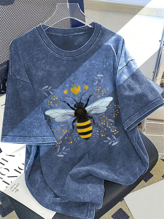 Bee Floral Pattern Print Vintage Washed T-Shirt | Unisex Heavyweight Distressed Loose Fit Plus Size Round Neck Short Sleeve Casual Daily Summer Top