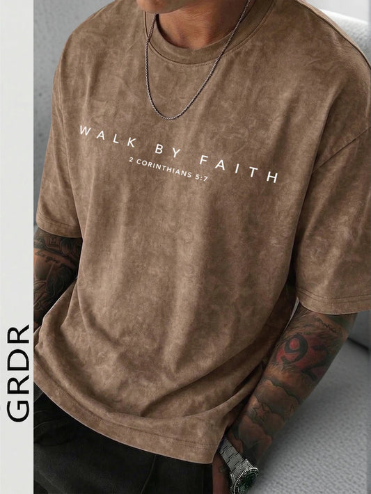 GRDR Letter Print Washed T-Shirt | Vintage Retro Single-Sided 230 GSM Heavyweight Cotton Men's Summer Tee