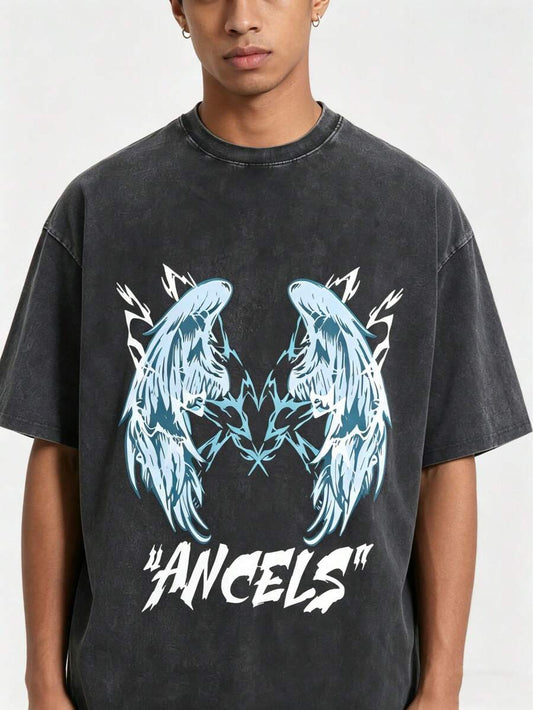 Angel Wings ANCELS Graphic Washed T-Shirt | Men's Streetwear Black Blue Wing Print Basic Short Sleeve Casual Summer Top