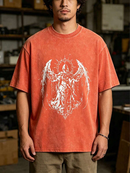 Angel Reaper Graphic Washed T-Shirt | Men's Streetwear Black White Winged Design Basic Gothic Short Sleeve Casual Summer Top