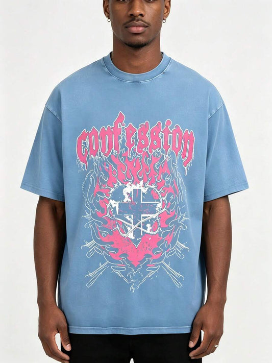 Confession Pink Flame Cross Graphic Washed T-Shirt | Men's Streetwear Basic Edgy Short Sleeve Casual Summer Top