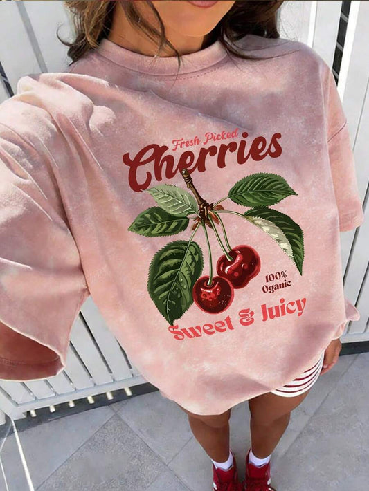 Cherry Sweet Letter Print Tie-Dye T-Shirt | Women's Pink Casual Round Neck Short Sleeve Simple Fashion Fruit Style Versatile Summer Blouse Top
