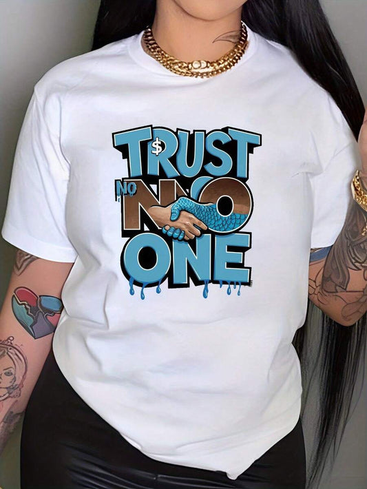"Trust Nobody" Graphic T-Shirt | Blue Brown DDT Effect Y2K Retro Street Crew Neck Short Sleeve Casual Unisex Summer Top