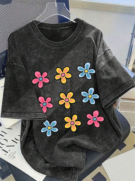 Y2K Retro Creative Pattern Washed Cotton T-Shirt | Lightweight Soft Round Neck Short Sleeve Casual Fashionable Summer Top