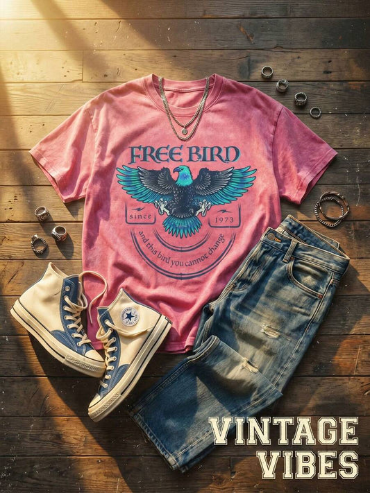 Free Bird Retro Cartoon Letter Print Washed T-Shirt | 100% Cotton Unisex Y2K Korean Street Style Punk Fitted Black Crew Neck Short Sleeve Casual Summer Tee