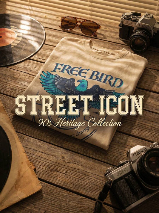 Free Bird Retro Cartoon Letter Print Washed T-Shirt | 100% Cotton Unisex Y2K Korean Street Style Punk Fitted Black Crew Neck Short Sleeve Casual Summer Tee