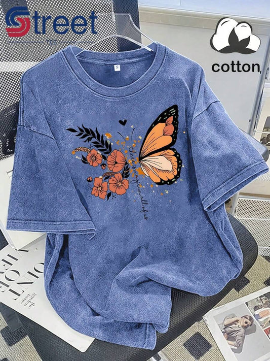 American Orange Butterfly Floral Print Vintage Washed T-Shirt  Women's Distressed Drop Shoulder Oversized Y2K Round Neck Casual Summer Top