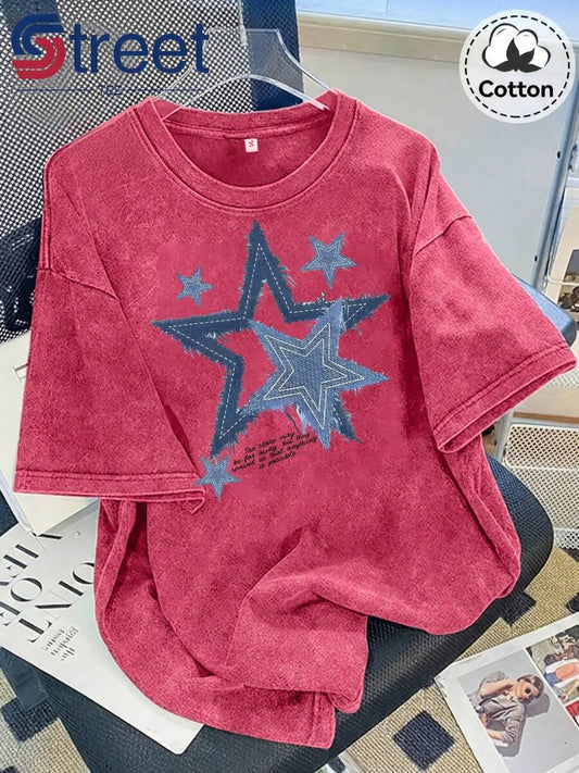 American Denim Frayed Edge Star Print Vintage Washed T-Shirt |Women's Distressed Drop Shoulder Oversized Y2K Round Neck Casual Summer Top