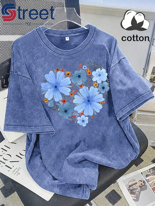 American Heart-Shaped Blue Floral Print Vintage Washed T-Shirt | Women's Distressed Drop Shoulder Oversized Y2K Round Neck Casual Summer Top