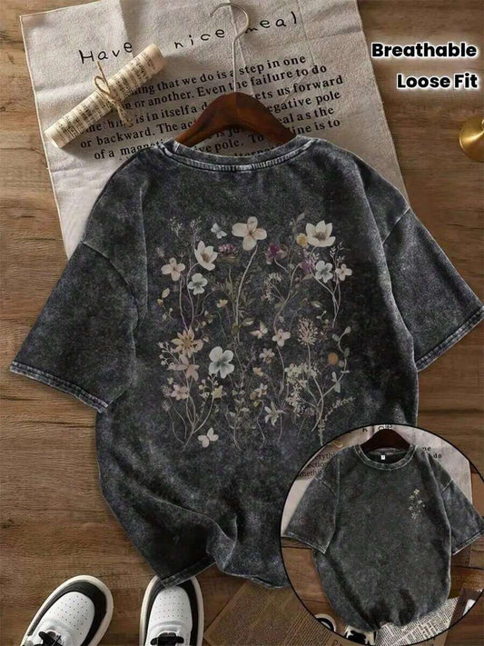 Vintage Floral Print 230G Heavyweight Washed T-Shirt | Women's Y2K Retro Oversized Loose Round Neck Short Sleeve Soft Breathable All-Season Layering Top