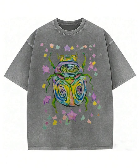 Colorful Beetle Party Print Cotton T-Shirt | Comfortable Short Sleeve Casual Everyday Outdoor Holiday Summer Top | Father's Day & Mother's Day Gift 2026