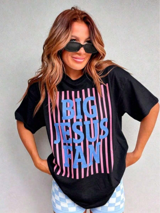 Big Jesus Fan Graphic Women's T-Shirt | Loose Fit Easy Relaxed Style Casual Faith Summer Top