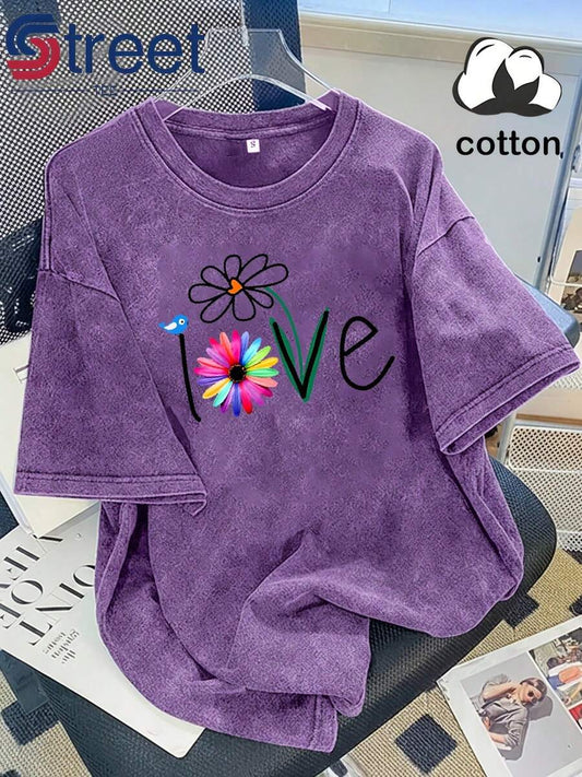 American Floral Bird LOVE Print Washed T-Shirt | Women's Plus Size Y2K Oversized Drop Shoulder Round Neck Short Sleeve Distressed Loose Casual Summer Top