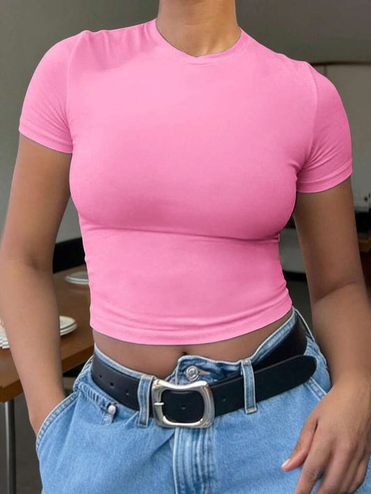 Solid Color Fitted T-Shirt | Women's Round Neck Short Sleeve Casual Daily Comfortable Summer Essential Top
