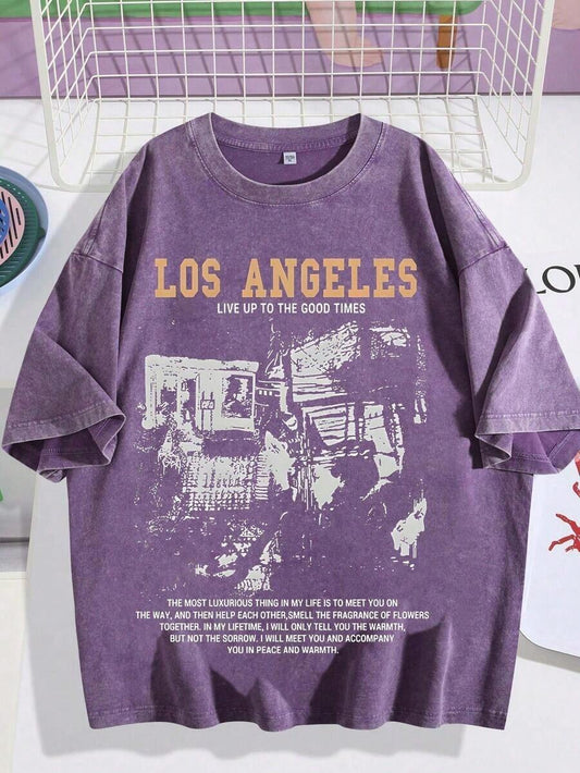 Acid Wash Los Angeles Vintage Oversized Men's T-Shirt | Baggy Cotton Streetwear Loose Comfortable Casual Summer Street Style Unisex Tee