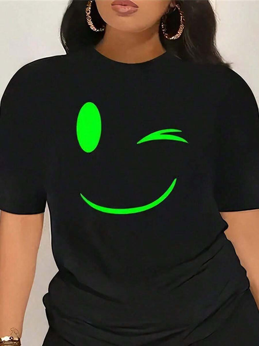 Neon Green Happy Face Glowing Print T-Shirt | Women's Black Lime Green Round Neck Short Sleeve Casual Loose Party Daily Wear Spring Summer Autumn Top