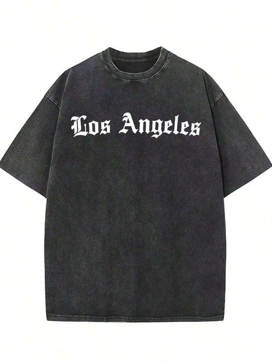 Los Angeles Gothic Print Vintage Washed T-Shirt | 230G Heavyweight Cotton Oversized Distressed Black & White Streetwear Casual Unisex Summer Tee