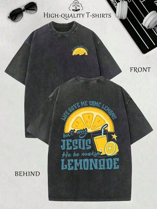 Retro Lemonade Print Heavyweight T-Shirt | Men's Oversized Vintage Washed Front & Back Design Crew Neck Short Sleeve Casual Summer Plus Size Top