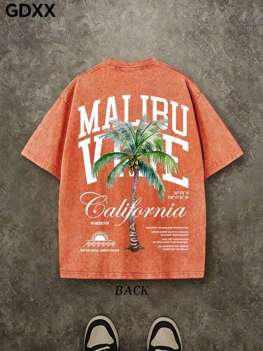 Palm Tree West Coast Resort Graphic Washed T-Shirt | Men's 230G 100% Cotton Oversized Vintage Unisex Loose Casual Short Sleeve Summer Top