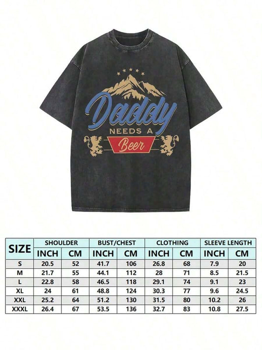 Dad Needs A Beer Mountain Lion Letter Print Washed T-Shirt | 230G Retro Street Style Men's Classic Fashion Loose Comfortable Casual Summer Tee