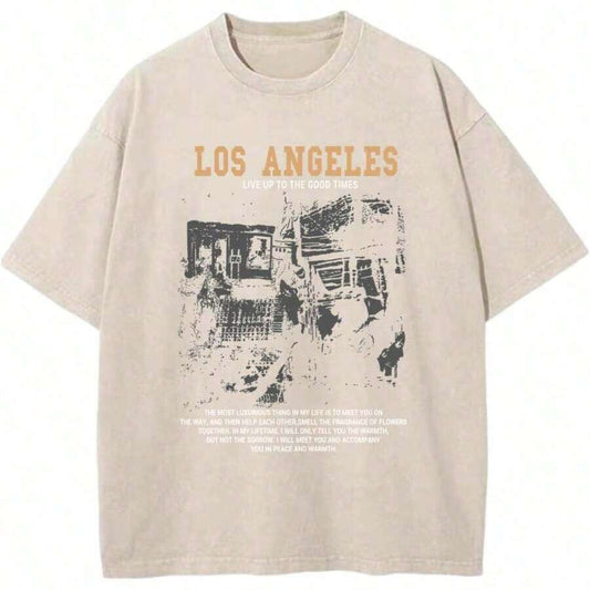 Los Angeles Vintage Acid Wash Oversized Graphic T-Shirt | Baggy Cotton Streetwear Casual Unisex Summer Winter Loose Top