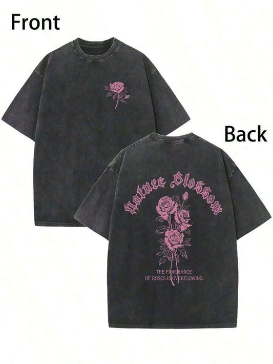 Vintage Rose Print Double-Sided Washed T-Shirt | 230G Heavyweight Cotton Black Pink Floral Round Neck Short Sleeve Unisex Casual Summer Street Tee