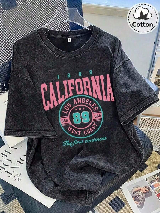 California Los Angeles 89 West Coast Anime Graphic Washed T-Shirt | Y2K Vintage Women's Humorous Elegant Unique 100% Cotton Loose Summer Tee