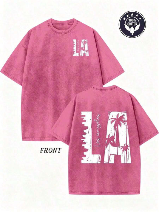 Los Angeles Palm Trees Double-Sided Washed T-Shirt | Men's Round Neck Short Sleeve Street Retro Outdoor Sports Leisure Travel Summer Top