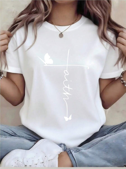 Plus Size Fun Print Casual T-Shirt | Women's Loose Fit Round Neck Short Sleeve Machine Washable All-Season Comfortable Top