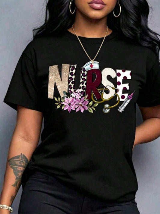Nurse Print Stethoscope & Syringe Pattern Women's T-Shirt | Turquoise Blue Round Neck Short Sleeve Loose Breathable Casual Spring Summer Nursing Tee