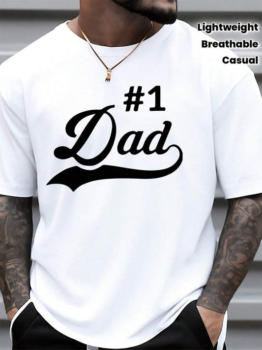 #1 Dad Pattern Print T-Shirt | White Lightweight Breathable Crew Neck Short Sleeve Father's Day Gift Casual Sports Summer Top