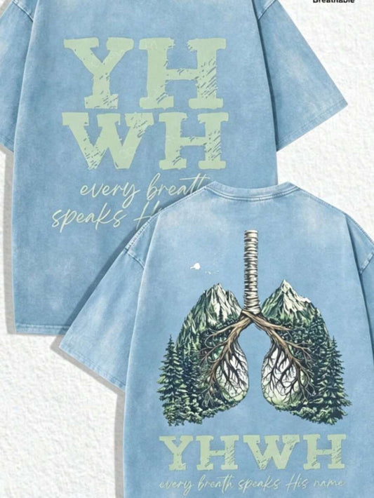 YHWH Every Breath Speaks His Name Green Vintage Washed T-Shirt | Distressed Lungs Mountain Back Graphic Retro Religious Unisex Loose Faith Casual Summer Tee 2026