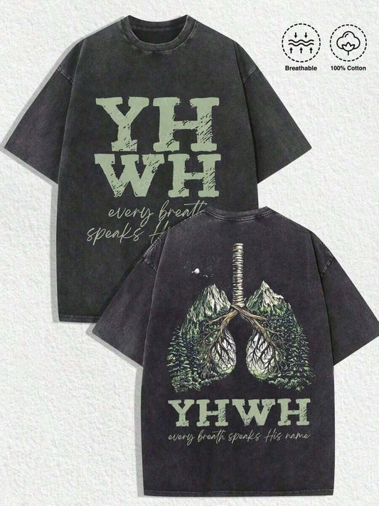 YHWH Every Breath Speaks His Name Green Vintage Washed T-Shirt | Distressed Lungs Mountain Back Graphic Retro Religious Unisex Loose Faith Casual Summer Tee 2026