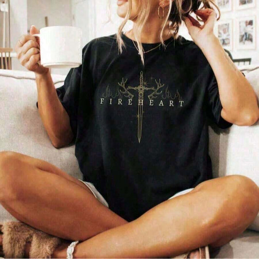 Fireheart Warrior Spirit Vintage Washed T-Shirt | Unisex Loose Cotton Crew Neck Short Sleeve Street Style Fantasy Casual Summer Tee