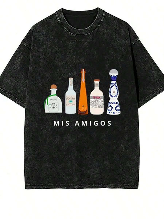 Mis Amigos Tequila Fun Vintage Washed T-Shirt | Cotton Unisex Batik Distressed Loose Graphic Short Sleeve Casual Summer Top