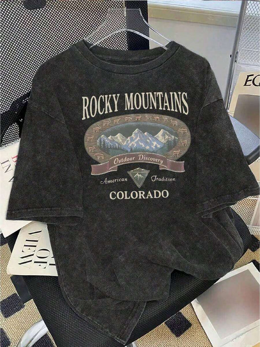Colorado National Park Pattern Plus Size Women's Washed T-Shirt | Distressed Vintage Retro Western Faux Washed Round Neck Short Sleeve Casual Spring Summer Top