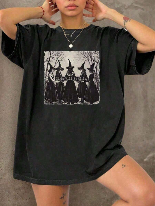 Playful Ghost Print Women's T-Shirt | Round Neck Loose Casual Breathable Halloween Party Goth Sweet Everyday Matching Best Friend Tee