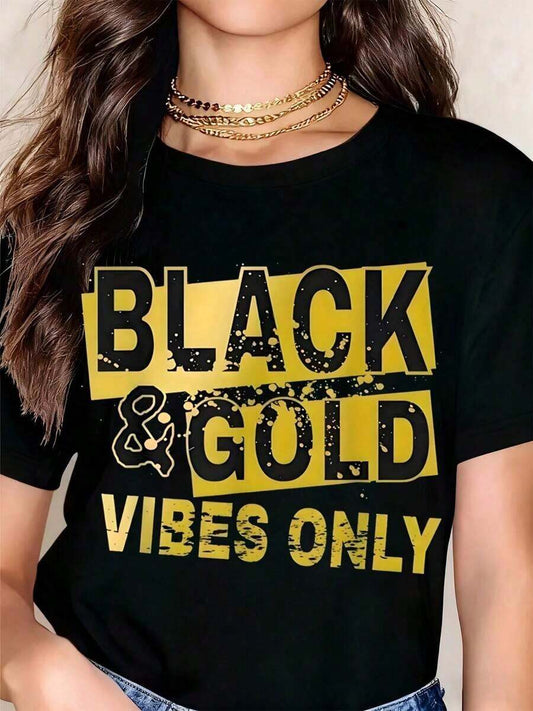 Black & Gold Vibes Only Bold Text Print T-Shirt | Loose Comfortable Casual Street Style Party Summer Tee