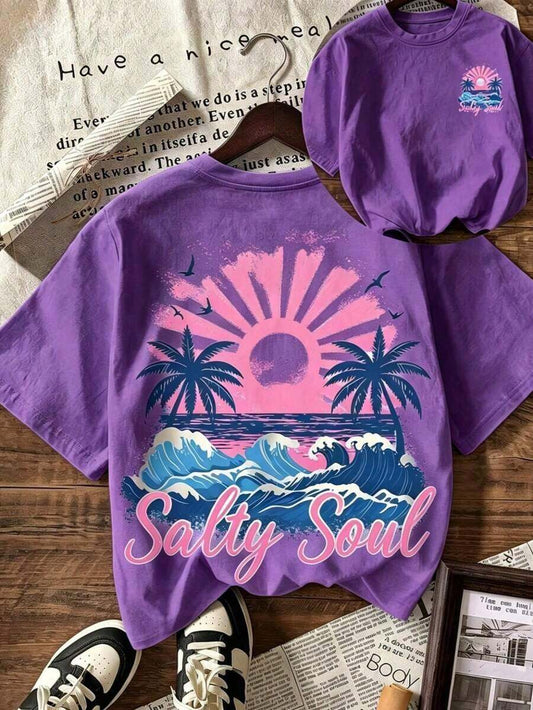 Salty Soul Sunrise Palm Tree Graphic T-Shirt | Plus Size Unisex Cotton Loose Casual Round Neck Short Sleeve Vacation Beach Campus Daily Wear Summer Tee