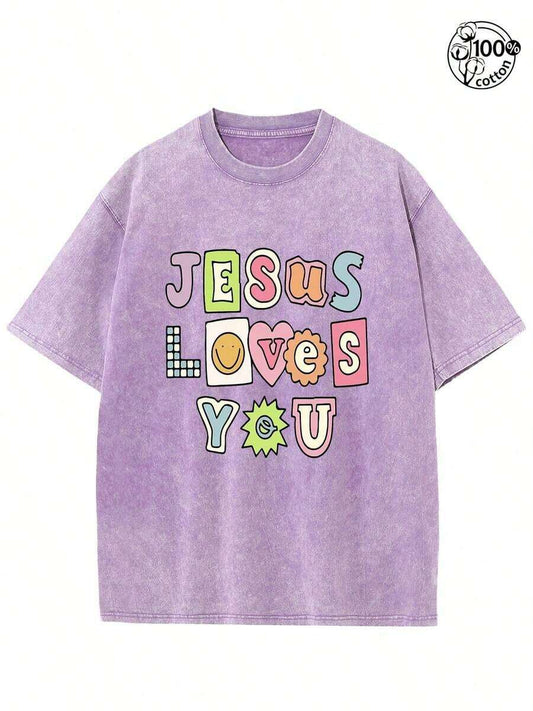 Jesus Loves You Geometric Print Retro Streetwear T-Shirt | 230G Heavyweight Cotton Unisex Loose Fit Round Neck Short Sleeve Family Casual Summer Faith Tee