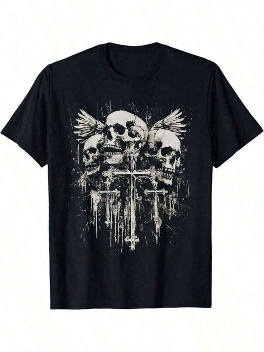 Skull Cross Y2K Goth Alt Grunge Gothic Emo Aesthetic T-Shirt | Casual Round Neck Short Sleeve Medium Stretch Comfortable All Season Tee