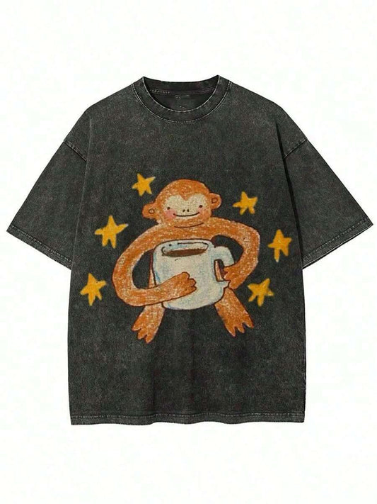 Monkeys Drinking Coffee Batik Print T-Shirt | High-Quality Vintage Washed Cotton Unisex Casual Crew Neck Short Sleeve Daily Wear Holiday Gift Summer Tee